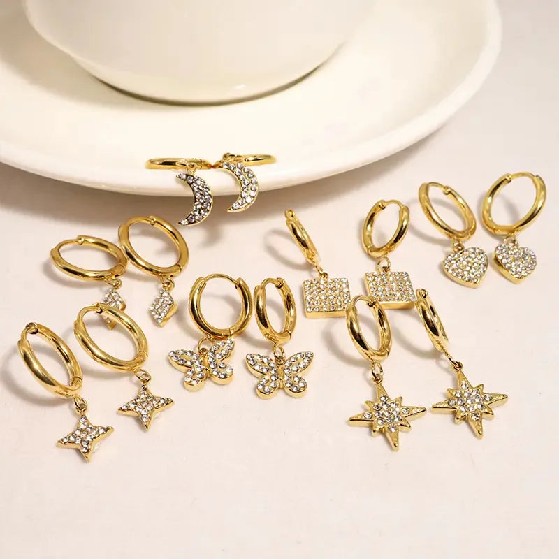 Zircon Butterfly Moon Square Heart Star Love Stud Earrings