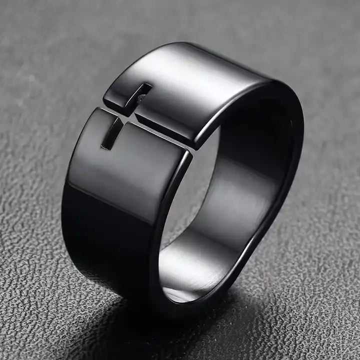 Laser cut jesus christ black cross ring