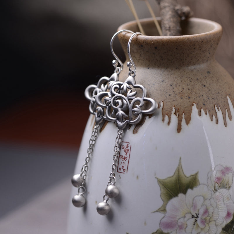 Leaf Silver Bead Tassel Earrings