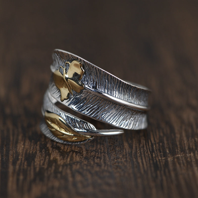 Gold Butterfly Silver Feather ring