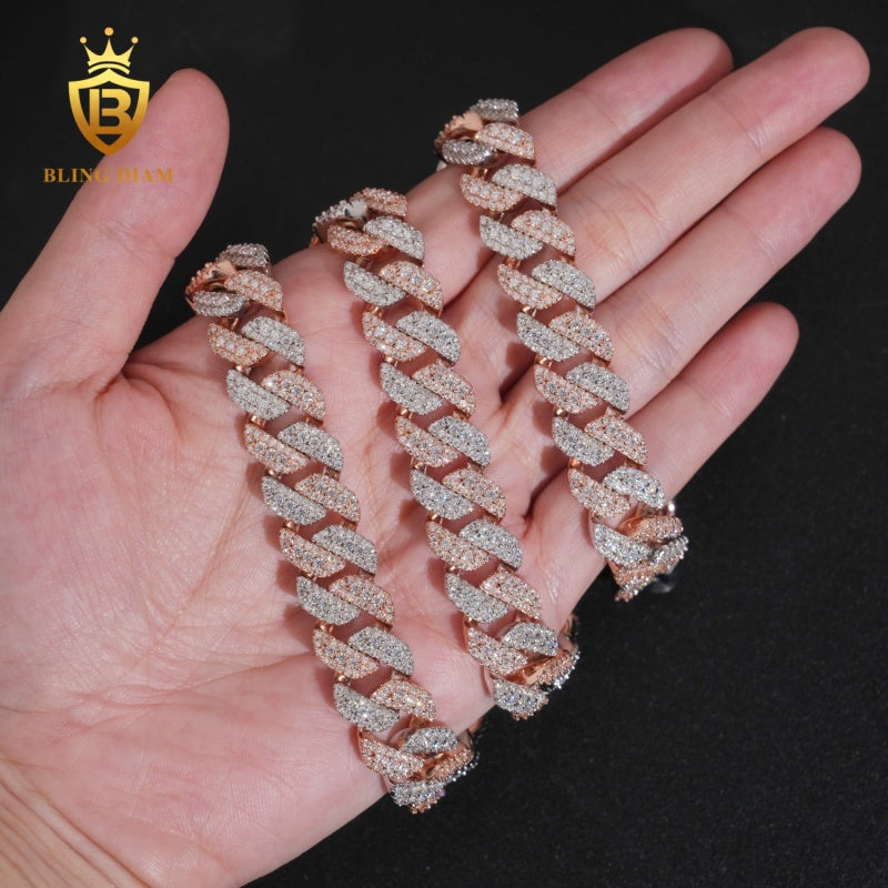 VVS1 Moissanite 925 Silver Rose Gold Plated 13mm Cuban Chain