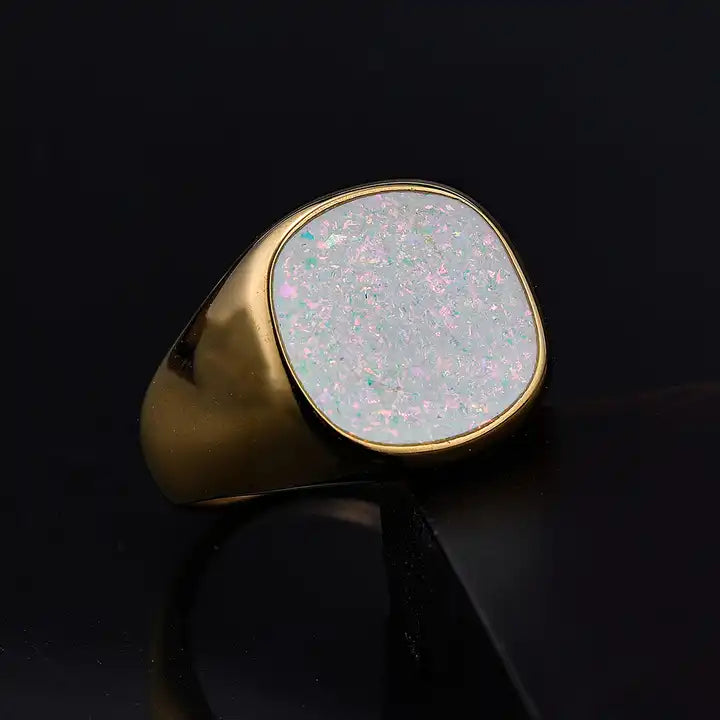 Sparkle Opal Inlay Enamel Signet Ring
