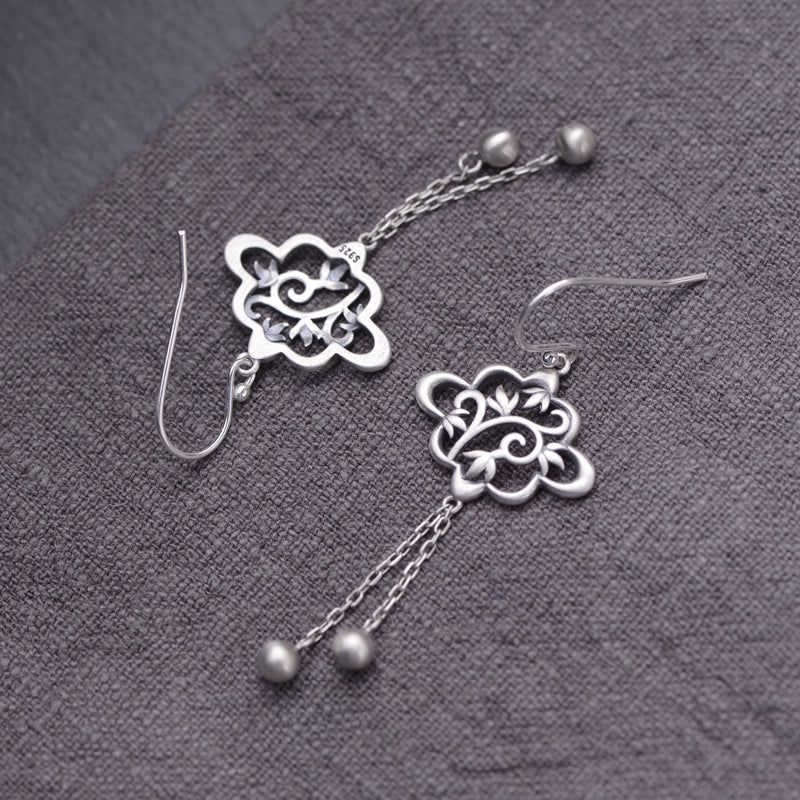 Leaf Silver Bead Tassel Earrings