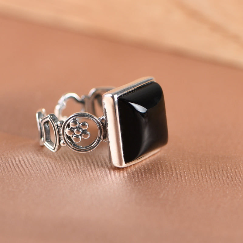 Square Black Agate Ring