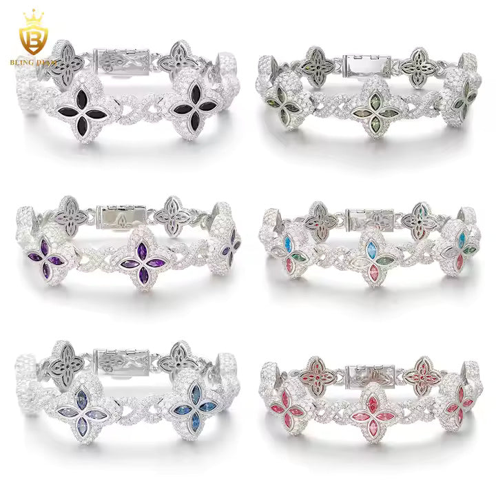 Marquise Flower Tennis Bracelet - 9mm Moissanite - Sterling Silver