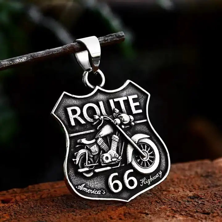 Route 66 Pendant | Vintage Stainless Steel Necklace