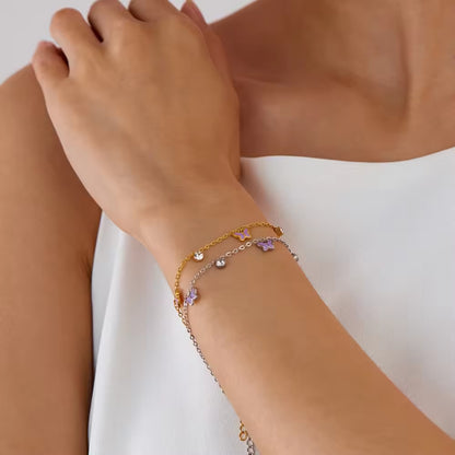Cubic Zircon Enamel Purple Butterfly Charm Bracelet