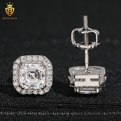 Asscher-Cut Moissanite Halo Stud Earrings