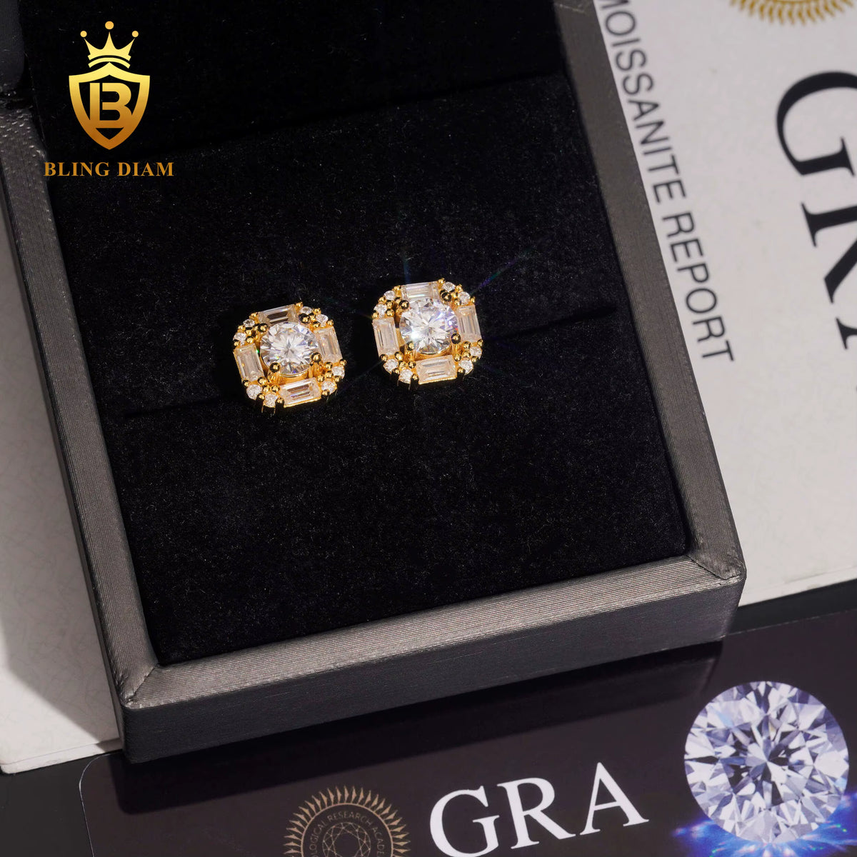 Double Halo Moissanite Rectangle Stud Earrings