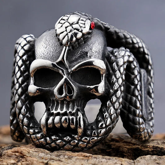 Red Eye Snake Wrapping Skull Ring