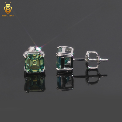 Blue & Green Princess-Cut Moissanite Stud Earrings