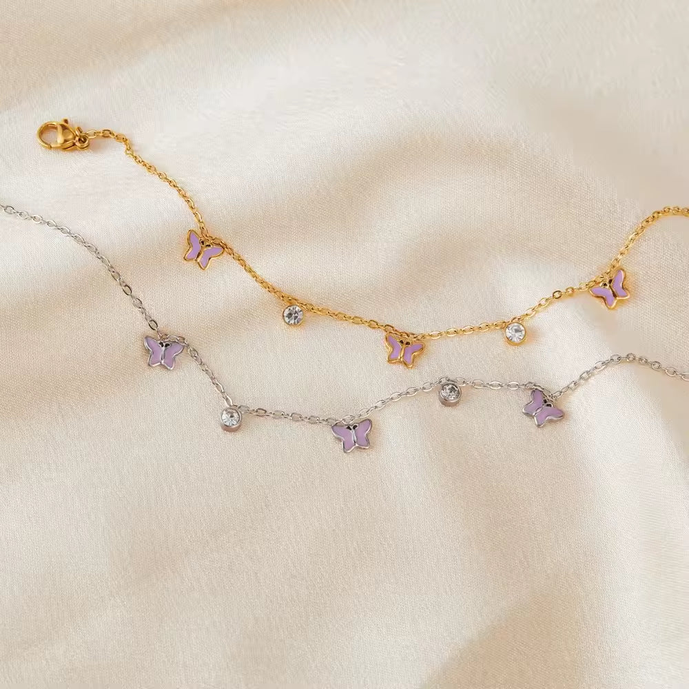 Cubic Zircon Enamel Purple Butterfly Charm Bracelet