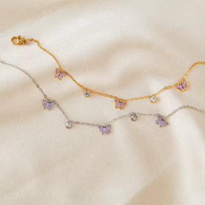 Cubic Zircon Enamel Purple Butterfly Charm Bracelet