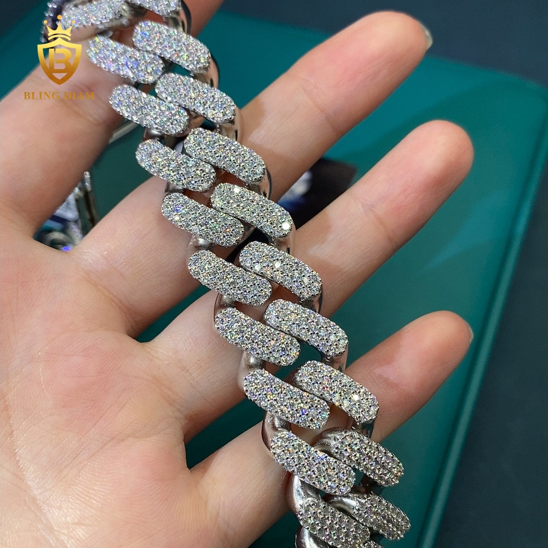 Silver 3 Rows Moissanite Cuban Chain