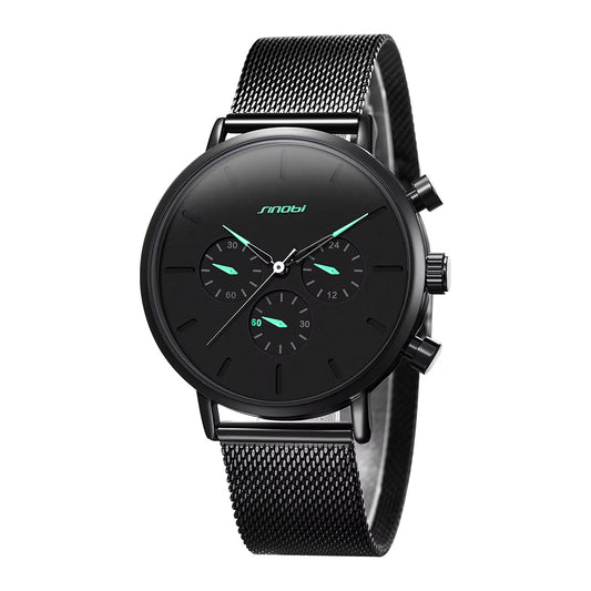 Smooth Black Chronograph Watch with Green Hands