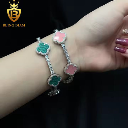 Two-Tone Clover Tennis Bracelet | Pink & Malachite | 925 Silver