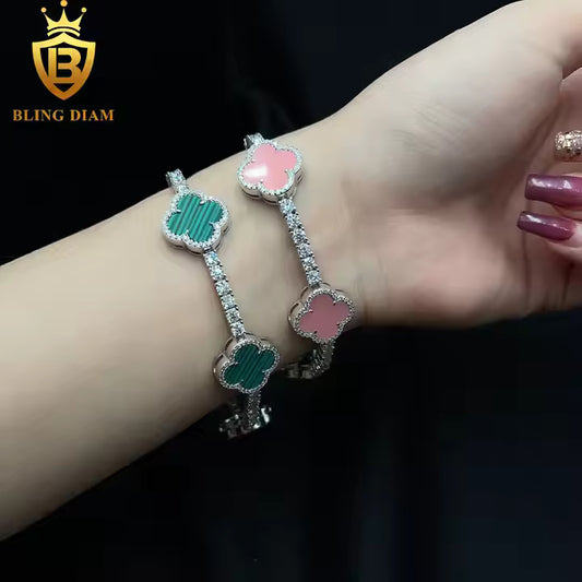 Two-Tone Clover Tennis Bracelet | Pink & Malachite | 925 Silver