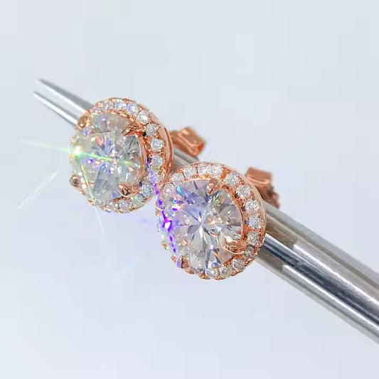 Royal Halo VVS Moissanite Stud Earrings | Available in Rose Gold, Gold & Silver