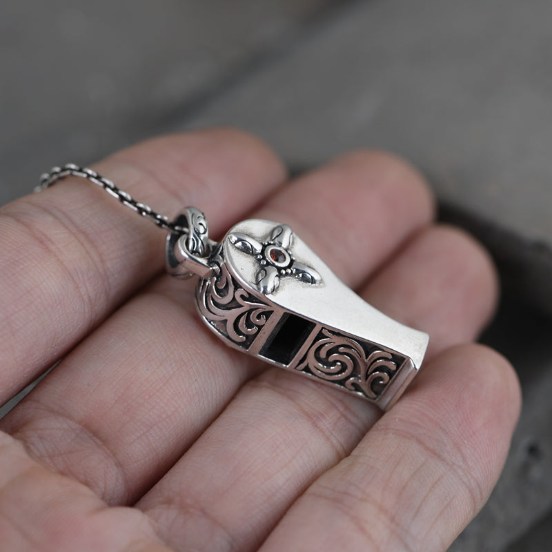 Carved Silver Whistle Necklace