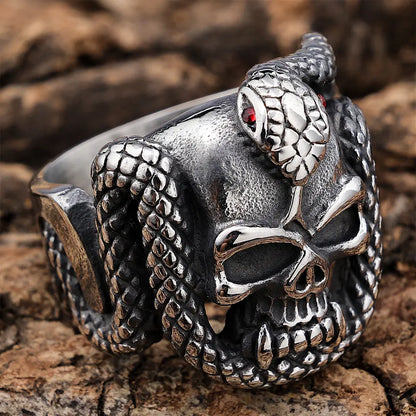 Red Eye Snake Wrapping Skull Ring