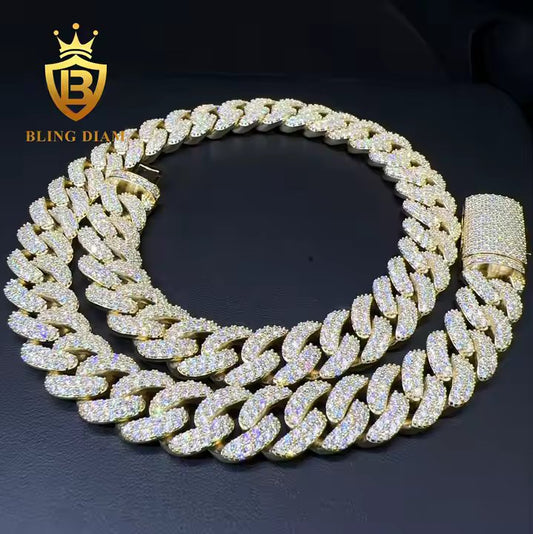 Wide Cuban Link Chain - 15mm VVS Moissanite, 10K Gold Plated Silver