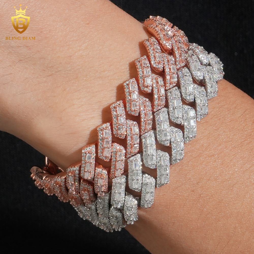 Rose Gold Baguette Cut Moissanite Cuban Bracelet