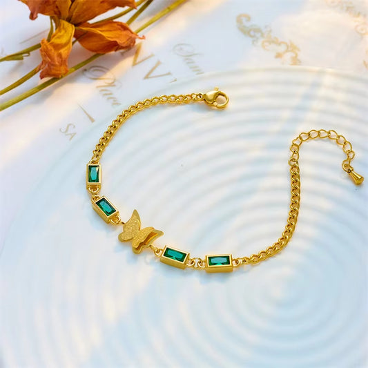 Green Square Stone Butterfly Charm Bracelet