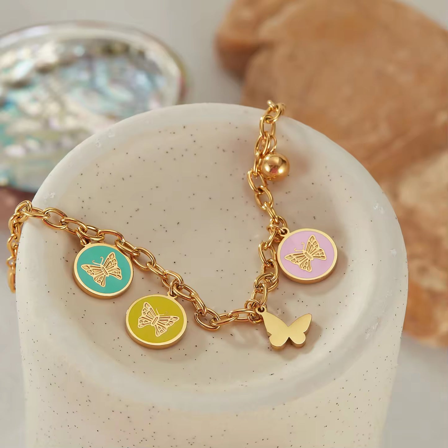 Colorful Enamel Round Butterfly Pendant Charms Bracelet