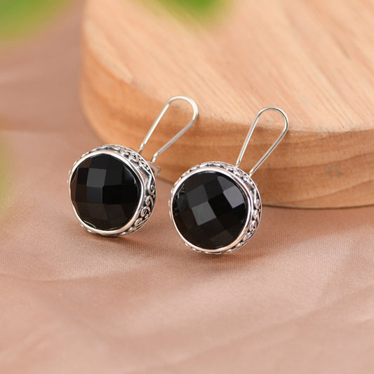Black Agate Round Earrings