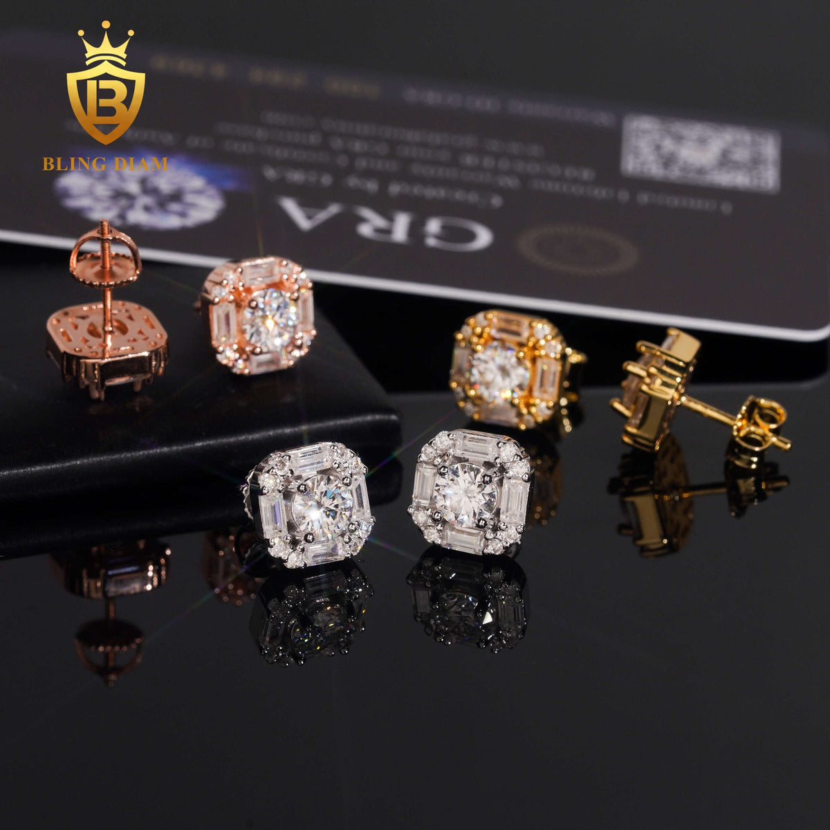 Double Halo Moissanite Rectangle Stud Earrings