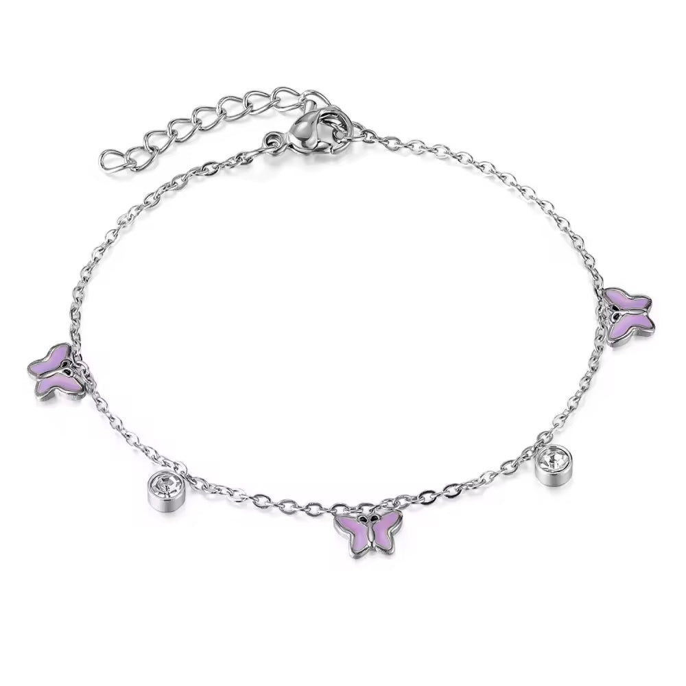 Cubic Zircon Enamel Purple Butterfly Charm Bracelet