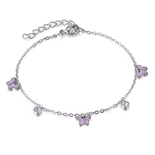 Cubic Zircon Enamel Purple Butterfly Charm Bracelet