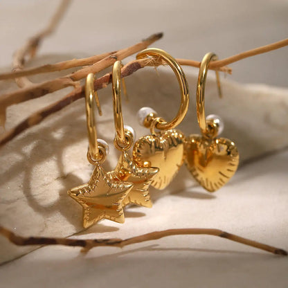 Heart-shaped Star Pearl Hoop Earrings