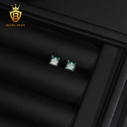 Blue & Green Princess-Cut Moissanite Stud Earrings