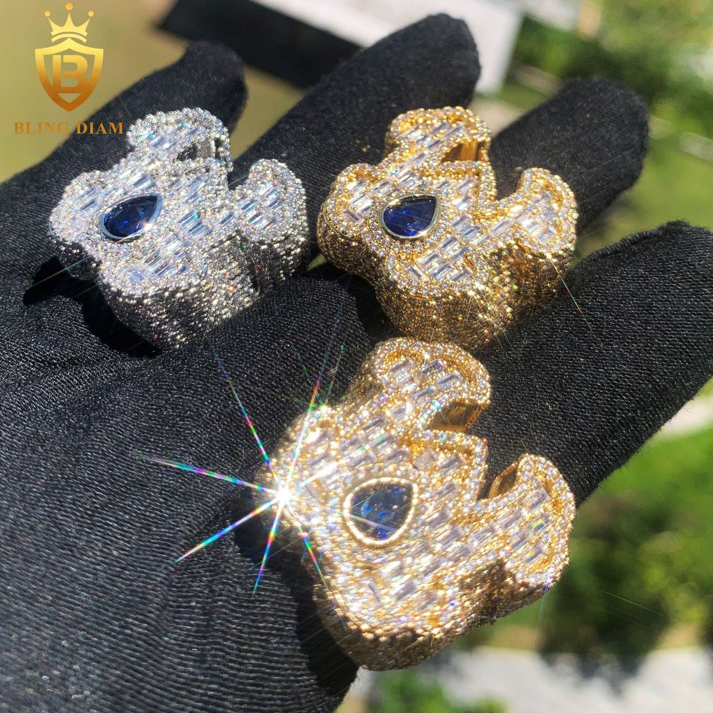 Baguette-cut iced-out moissanite ring