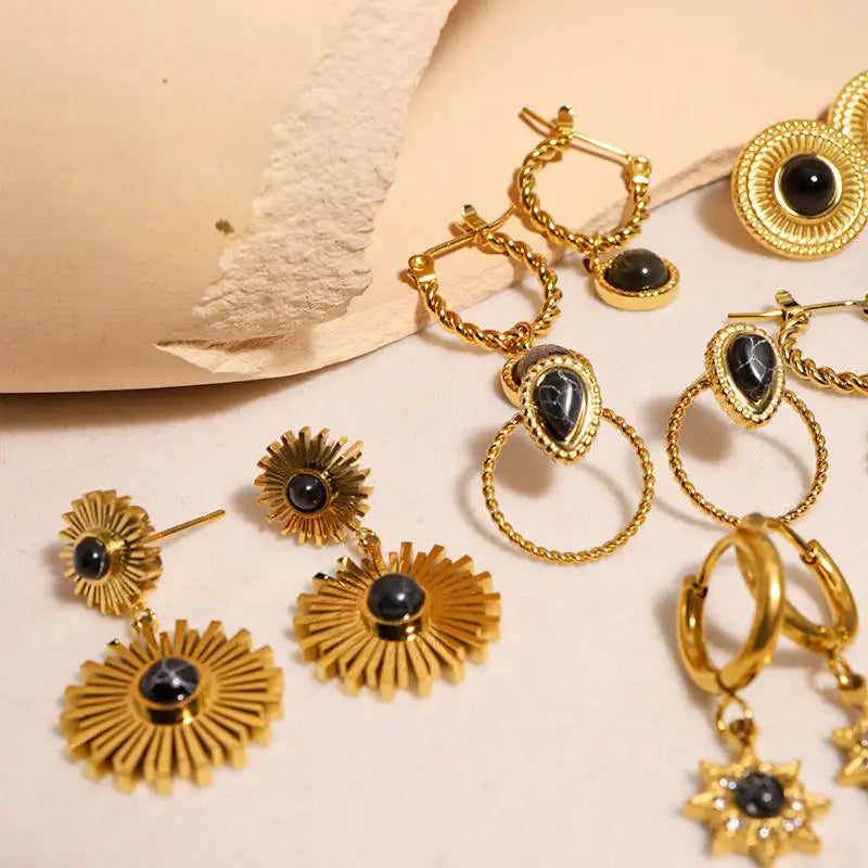Natural Stone Drop Gold Hoop Earrings