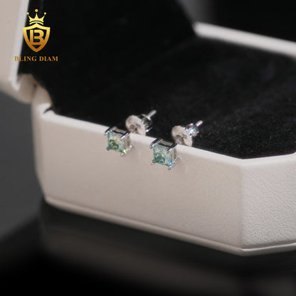 Blue & Green Princess-Cut Moissanite Stud Earrings