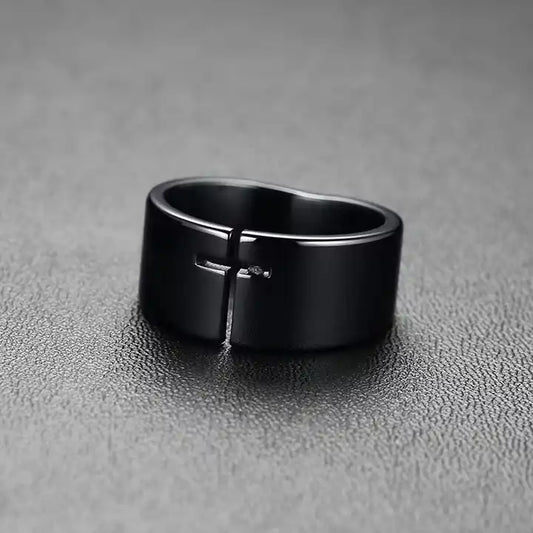 Laser cut jesus christ black cross ring