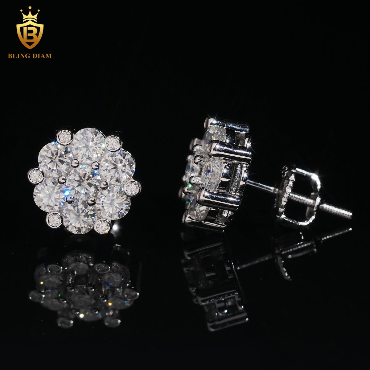 Iced-Out Moissanite Flower Stud Earrings