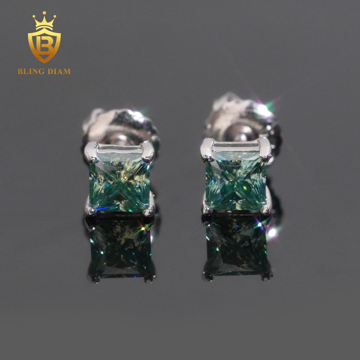 Blue & Green Princess-Cut Moissanite Stud Earrings