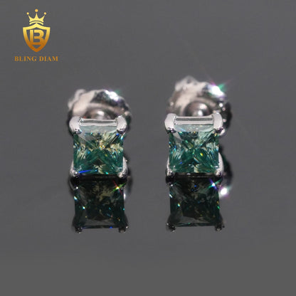 Blue & Green Princess-Cut Moissanite Stud Earrings