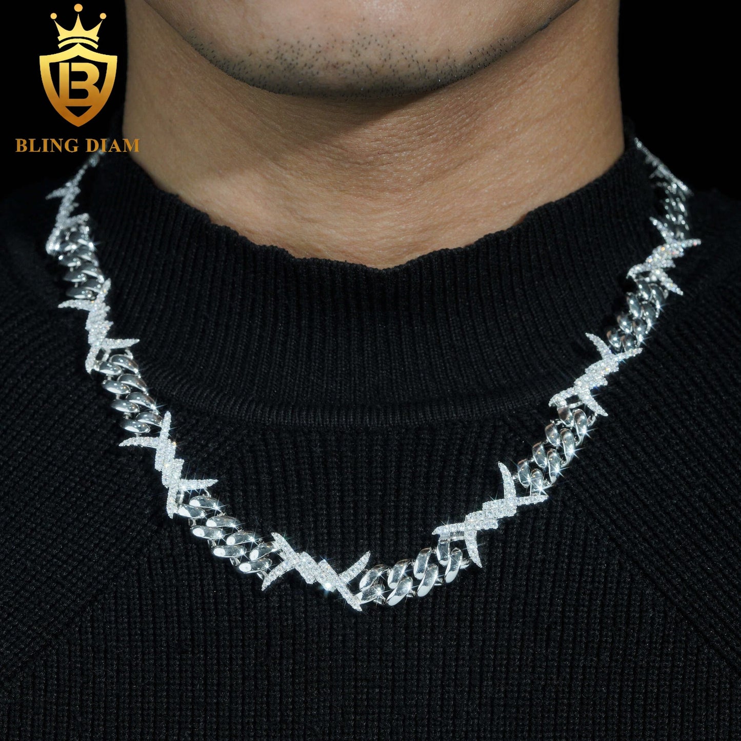 13mm Sharp 925 Sterling Silver Moissanite Chain