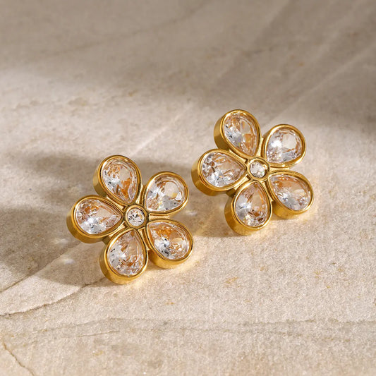 CZ Crystal Stone Flower Shape Stud Earrings