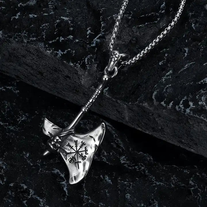 Viking Battle Axe Norse Compass Vegvisir Necklace