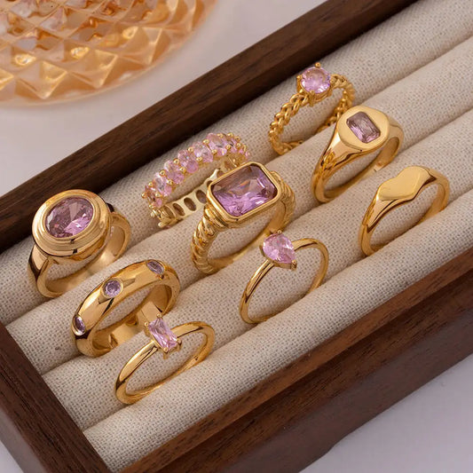 Inlaid Pink Stone Finger Rings