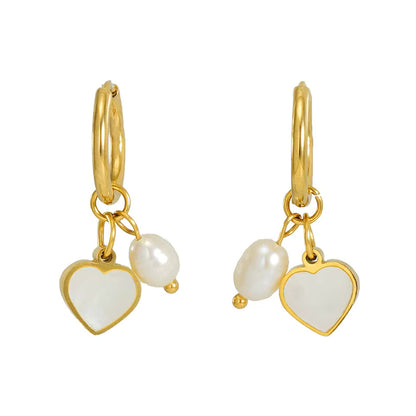 Pearl Shell Drop Dangle Huggie Hoop Earrings