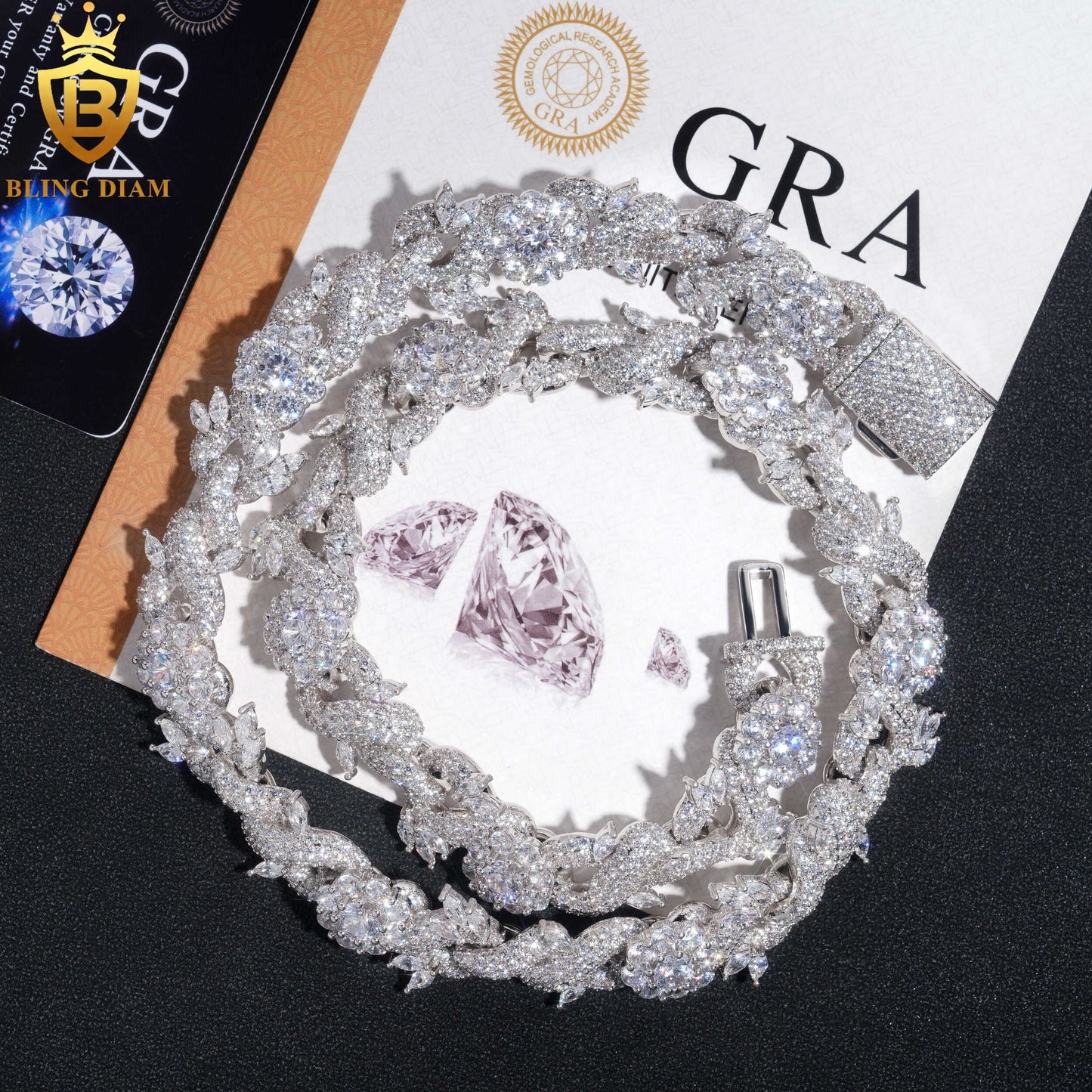 15mm Flower Fancy Shape VVS Moissanite 925 Silver chain