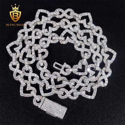 925 Silver 8.5MM Moissanite Heart Mixed Infinity Cuban Link Chain