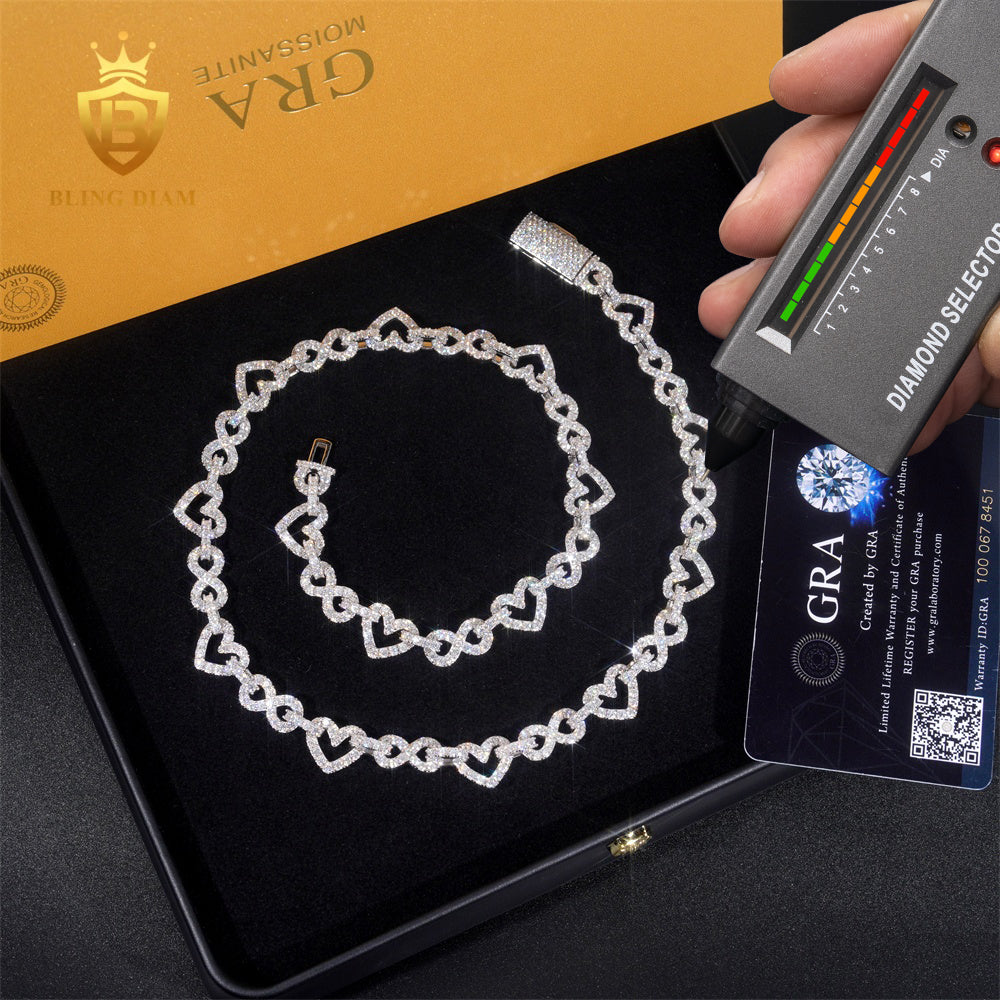 925 Silver 8.5MM Moissanite Heart Mixed Infinity Cuban Link Chain