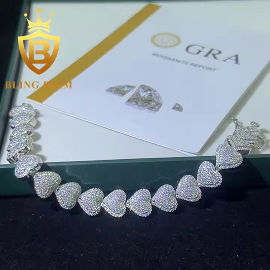 Heart Cuban Link Bracelet - Moissanite Pavé, Sterling Silver